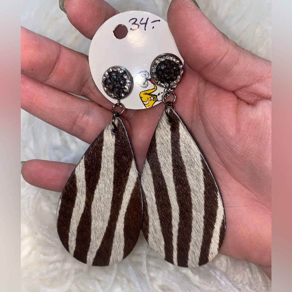 New authentic zebra print animal hide/leather/fur earrings